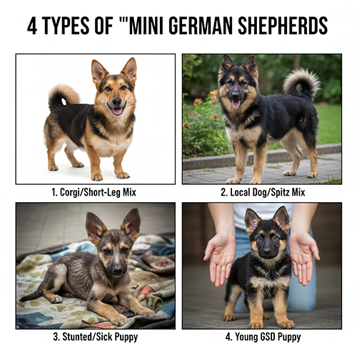 Bốn kiểu “Becgie nhỏ, Becgie lùn” phổ biến: lai Corgi, lai chó ta/Spitz, chó còi, và chó Becgie con.