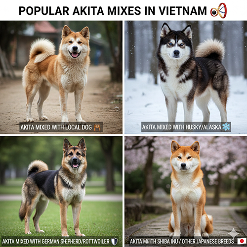 Tổng hợp bốn kiểu chó Akita lai phổ biến tại Việt Nam: lai chó ta, Husky Alaska, Becgie Rottweiler và Shiba