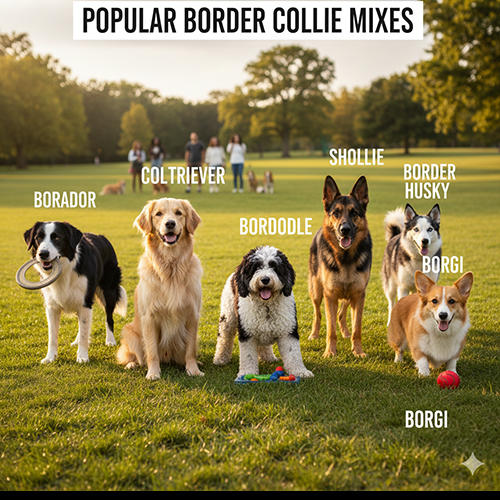 Ảnh nhóm nhiều giống chó Border Collie lai như Borador, Coltriever, Bordoodle, Shollie, Border Husky và Borgi đang đứng trên bãi cỏ, minh họa các kiểu lai phổ biến trên thế giới.