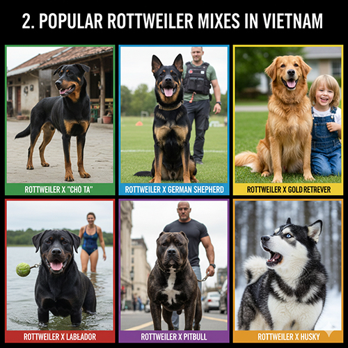 Tổng hợp các kiểu chó Rottweiler lai phổ biến tại Việt Nam trong sáu khung hình khác nhau
