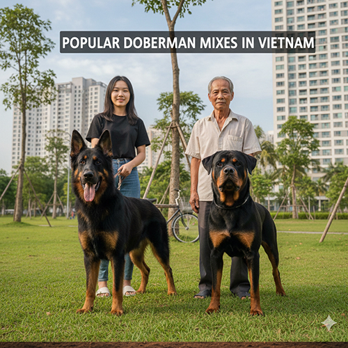Hai chú chó Doberman lai đứng cùng người nuôi trong công viên – minh họa các kiểu Doberman lai phổ biến tại Việt Nam.