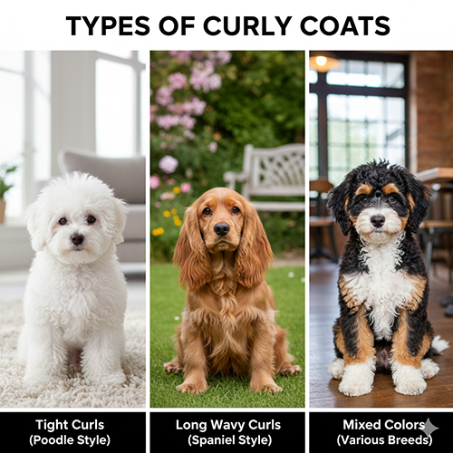 Các kiểu lông xoăn ở chó gồm xoăn tít kiểu Poodle, xoăn sóng dài và lông xoăn phối màu