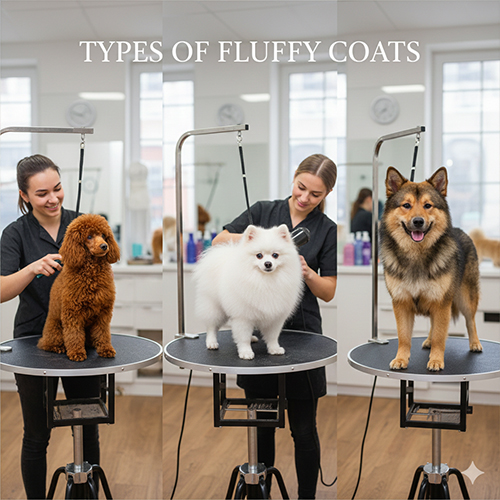 Các kiểu lông chó xù gồm lông xoăn, lông bông phồng và lông dày dựng được chăm sóc tại spa