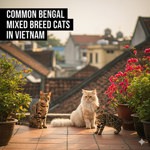 Ba chú mèo Bengal lai với các giống khác nhau đang ngồi trên sân thượng Việt Nam, biểu trưng cho sự đa dạng của mèo Bengal lai trong nước.