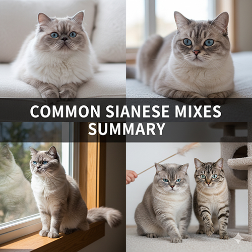 Tổng hợp nhiều giống mèo Xiêm lai khác nhau như lai Anh lông ngắn, Anh lông dài, mèo ta và mèo mướp, cùng đôi mắt xanh đặc trưng.