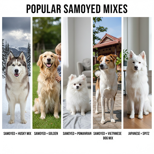 Hình minh họa các kiểu chó Samoyed lai phổ biến như Samoyed lai Husky, Golden, Phốc Sóc, chó ta và Spitz Nhật