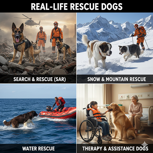 Hình minh họa các loại chó cứu hộ ngoài đời thật: SAR, cứu hộ tuyết, cứu hộ dưới nước và chó trị liệu – hỗ trợ