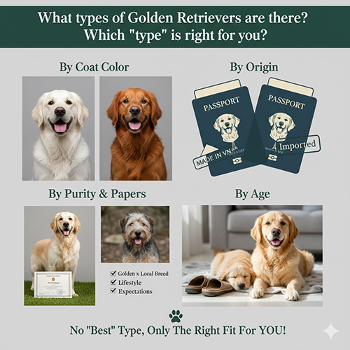 Infographic các loại chó Golden Retriever theo màu lông, nguồn gốc, độ thuần chủng và độ tuổi