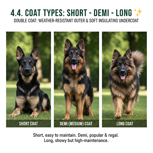 Ba chú chó Becgie Đức trưởng thành với ba kiểu lông: lông ngắn, lông demi và lông dài, đứng trên nền cỏ xanh