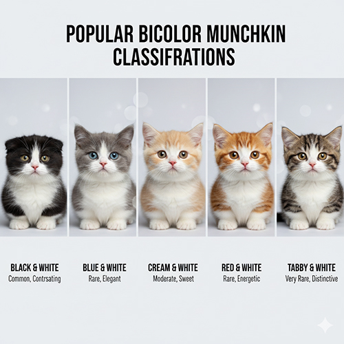 Các loại mèo Munchkin Bicolor phổ biến – Black White, Blue White, Cream White, Red White, Tabby White