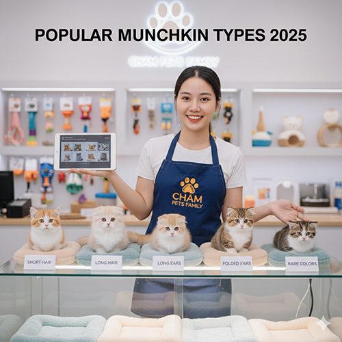 Nhân viên Chạm Pets Family đứng sau quầy giới thiệu 5 bé mèo Munchkin: lông ngắn, lông dài, tai dài, tai cụp và màu hiếm; đặt trên bệ có nhãn tên từng loại – minh họa các dòng phổ biến và mức giá tham khảo tại Việt Nam.