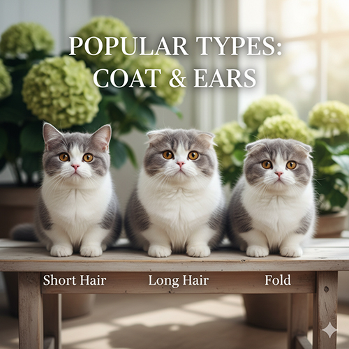 Ba bé mèo Munchkin xám trắng với ba kiểu khác nhau: lông ngắn, lông dài và tai cụp – đại diện cho các dòng phổ biến nhất tại Việt Nam.