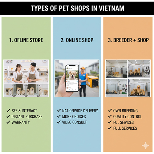 Các loại shop chó cảnh phổ biến tại Việt Nam gồm shop offline, shop online và shop kết hợp trại