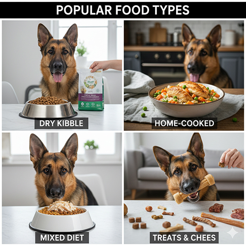 Các loại thức ăn phổ biến cho chó Becgie Đức gồm hạt khô, đồ nấu chín, khẩu phần kết hợp và thức ăn thưởng
