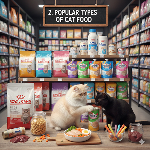 Các loại thức ăn cho mèo phổ biến gồm hạt khô, pate, sữa và bánh thưởng