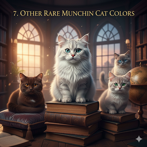 Bốn mèo Munchkin màu hiếm gồm silver, chocolate, lilac và blue-point ngồi trên chồng sách trong không gian thư viện cổ điển, ánh sáng ấm.