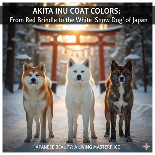 Ba chú chó Akita Inu màu đỏ, trắng và vện đứng trên nền tuyết trước cổng Torii Nhật Bản