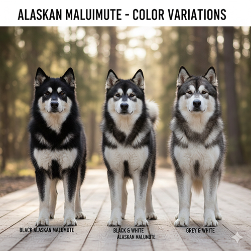 Các màu lông chó Alaska Malamute gồm đen, đen trắng và xám trắng đứng cạnh nhau ngoài trời tự nhiên