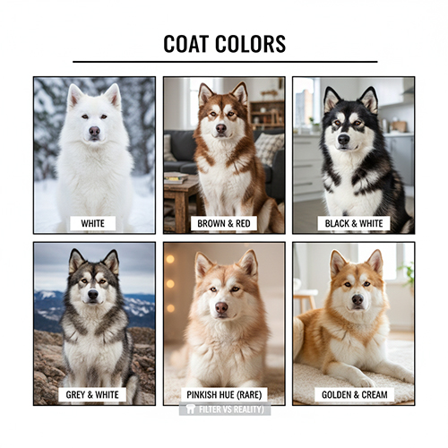 Các màu lông chó Alaska Malamute phổ biến như trắng nâu đỏ xám đen trắng