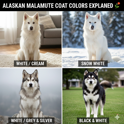 Bảng so sánh các màu lông chó Alaska Malamute gồm trắng kem, trắng tuyết, trắng xám và đen trắng