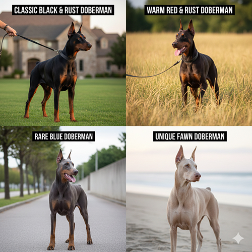 Hình ảnh các màu lông chó Doberman gồm đen nâu gỉ, nâu đỏ, xanh xám và fawn