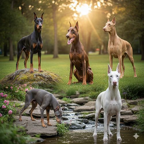 Các màu lông của Doberman: đen – nâu đỏ, nâu đỏ, xanh xám, vàng nhạt và biến thể trắng