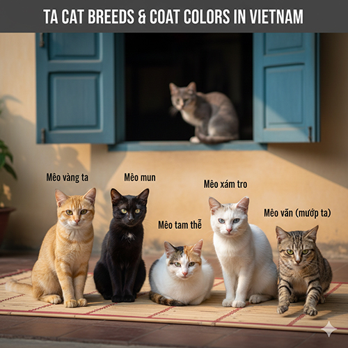 Các màu lông mèo ta phổ biến tại Việt Nam gồm mèo vàng, mèo mun, mèo tam thể, mèo trắng, mèo vằn và mèo xám