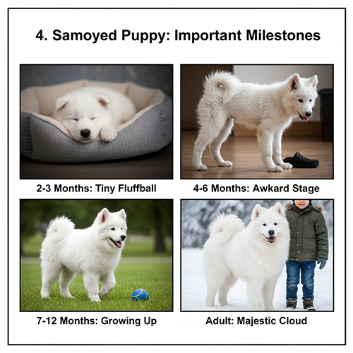 Các mốc phát triển của chó Samoyed con từ 2 tháng đến trưởng thành với hình ảnh minh họa từng giai đoạn