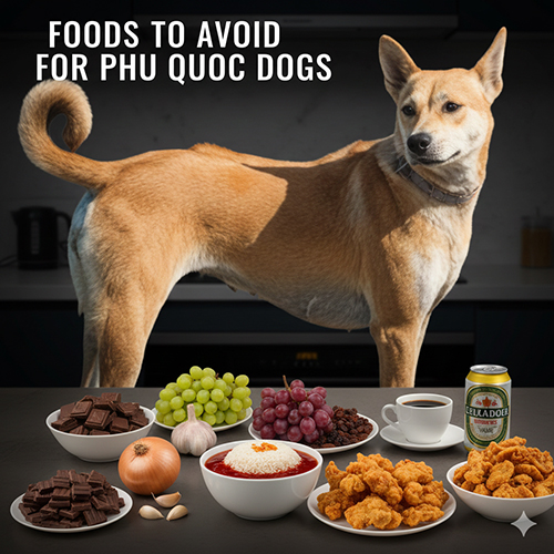 Chó Phú Quốc đứng cạnh các thực phẩm nguy hiểm như chocolate, nho, hành tỏi, cafe, đồ chiên rán và đồ mặn – minh họa nhóm thức ăn cấm.