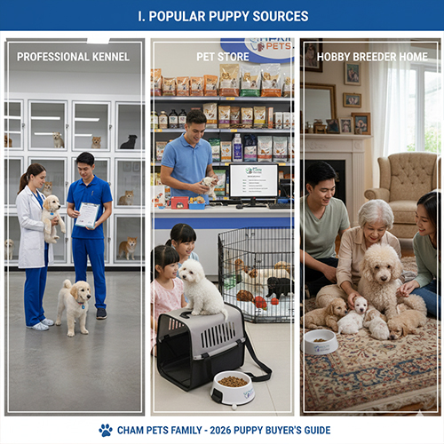 Các nguồn mua chó con phổ biến như trại chó, shop thú cưng và người nuôi sinh sản nhỏ
