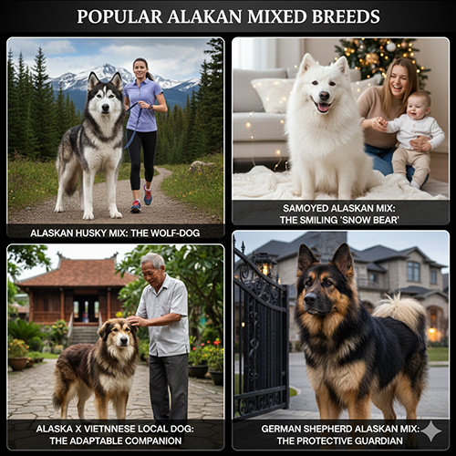 Các nhóm chó Alaska lai phổ biến gồm Alaska lai Husky, Samoyed, chó ta và Becgie với ngoại hình và tính cách khác nhau