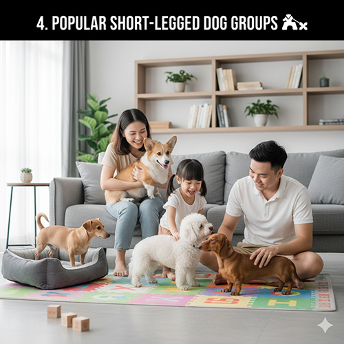 Gia đình chơi cùng nhiều giống chó chân ngắn trong phòng khách – minh họa các nhóm chó chân ngắn phổ biến
