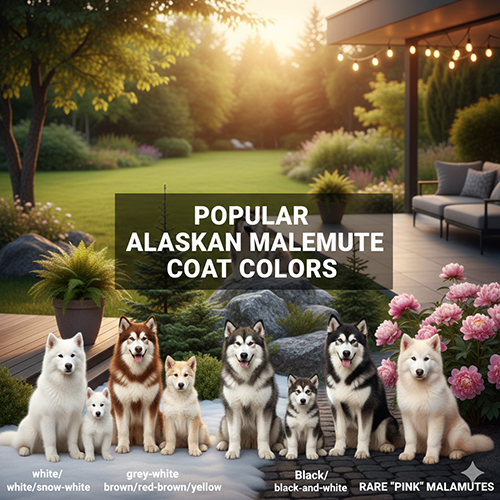 Các nhóm màu lông chó Alaska Malamute phổ biến gồm trắng, xám, nâu đỏ, đen trắng, hồng phấn