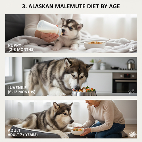 Các nhóm thức ăn phổ biến cho chó Alaska gồm hạt khô, thức ăn tươi và chế độ ăn kết hợp