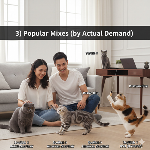 Cặp đôi trẻ chơi cùng bốn chú mèo Scottish Fold lai trong phòng khách, minh họa các phối giống phổ biến như Scottish × British Shorthair, American Shorthair, Russian Blue và DSH.