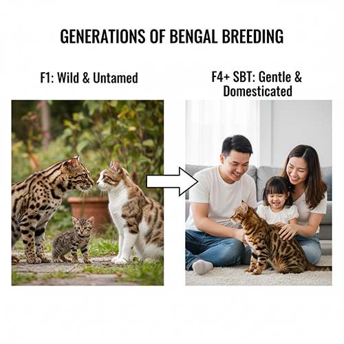 So sánh các thế hệ lai tạo mèo Bengal từ F1 hoang dã đến F4+ SBT thuần chủng và thân thiện với con người