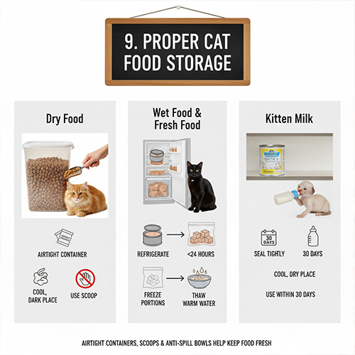 Cách bảo quản thức ăn cho mèo đúng chuẩn với hạt khô, pate và sữa