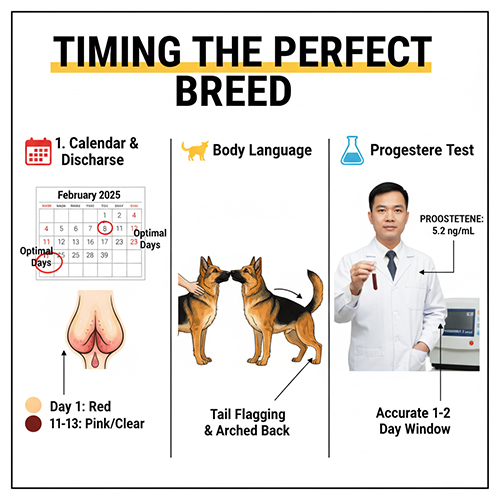 Ảnh minh họa ba cách canh ngày phối giống chó Becgie gồm đếm ngày – quan sát dịch, theo dõi hành vi chịu trống và xét nghiệm progesterone.