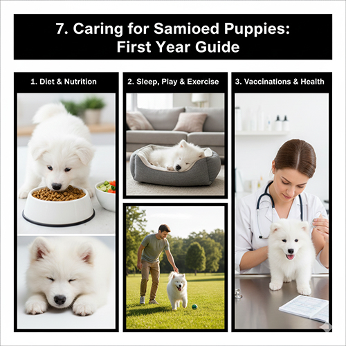 Hướng dẫn chăm sóc chó Samoyed nhỏ năm đầu đời gồm ăn uống, ngủ – chơi – vận động và tiêm phòng sức khỏe