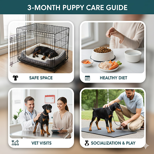 Bốn cảnh chăm sóc Doberman con: chỗ ngủ an toàn, bữa ăn lành mạnh, khám thú y và chơi – xã hội hóa