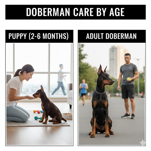 Huấn luyện Doberman con trong nhà và Doberman trưởng thành vận động ngoài trời, minh họa chăm sóc theo độ tuổi