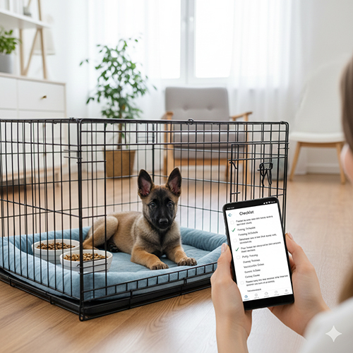 Chó Becgie Bỉ con 2–3 tháng nằm trong chuồng nhỏ với nệm xanh, người nuôi cầm điện thoại xem checklist chăm sóc.