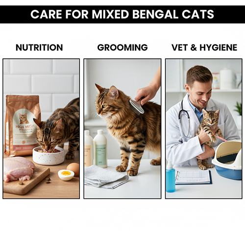 Ba hình ảnh minh họa cách chăm sóc mèo Bengal lai: cho ăn dinh dưỡng cân đối, chải lông định kỳ và kiểm tra sức khỏe tại thú y.