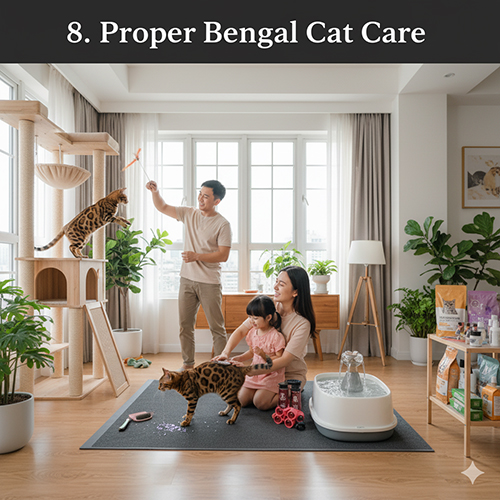 Gia đình chăm sóc và chơi đùa cùng mèo Bengal trong phòng khách sáng sủa, đầy đủ đồ dùng mèo.