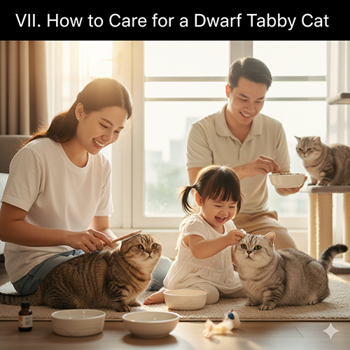 Gia đình vui vẻ chải lông và cho mèo Munchkin Tabby ăn trong phòng khách sáng sủa, thể hiện cách chăm sóc đúng cách cho giống mèo này