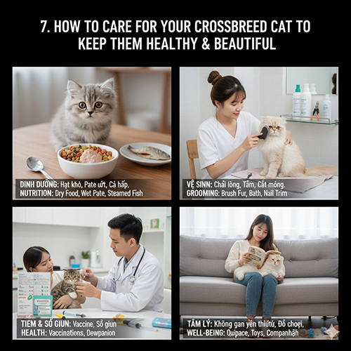 Hình ảnh hướng dẫn chăm sóc mèo lai gồm ăn uống, vệ sinh, tiêm phòng và chăm sóc tinh thần