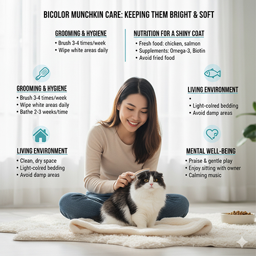 Cách chăm sóc mèo Munchkin Bicolor – giữ lông sáng mịn và tinh thần vui vẻ