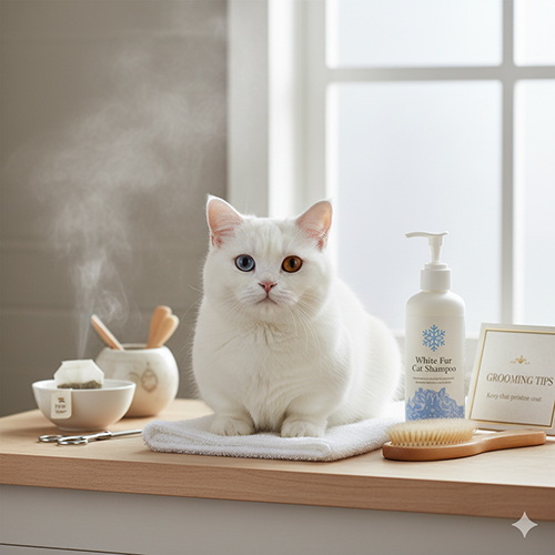 Mèo Munchkin trắng mắt hai màu ngồi trên khăn sạch cạnh sữa tắm và bàn chải, minh họa quy trình chăm sóc lông trắng tinh khôi.