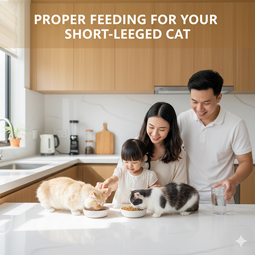 Gia đình cho hai bé mèo ăn trên bàn bếp, bát thấp phù hợp mèo chân ngắn; minh họa hướng dẫn khẩu phần theo độ tuổi và nước uống sạch.