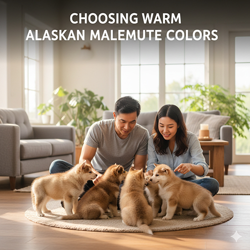 Gia đình chọn chó Alaska Malamute con màu nâu nâu đỏ vàng trong nhà